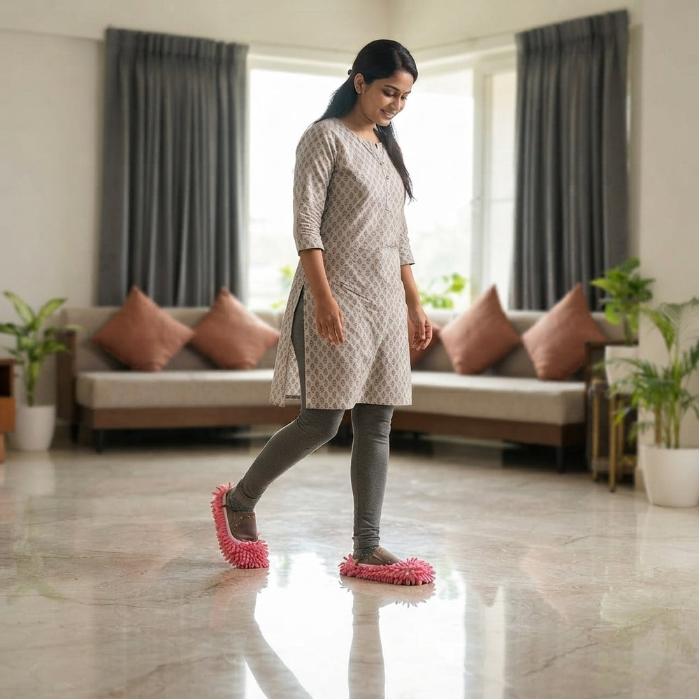 A person wearing microfiber mop slippers cleaning a floor in a modern home.